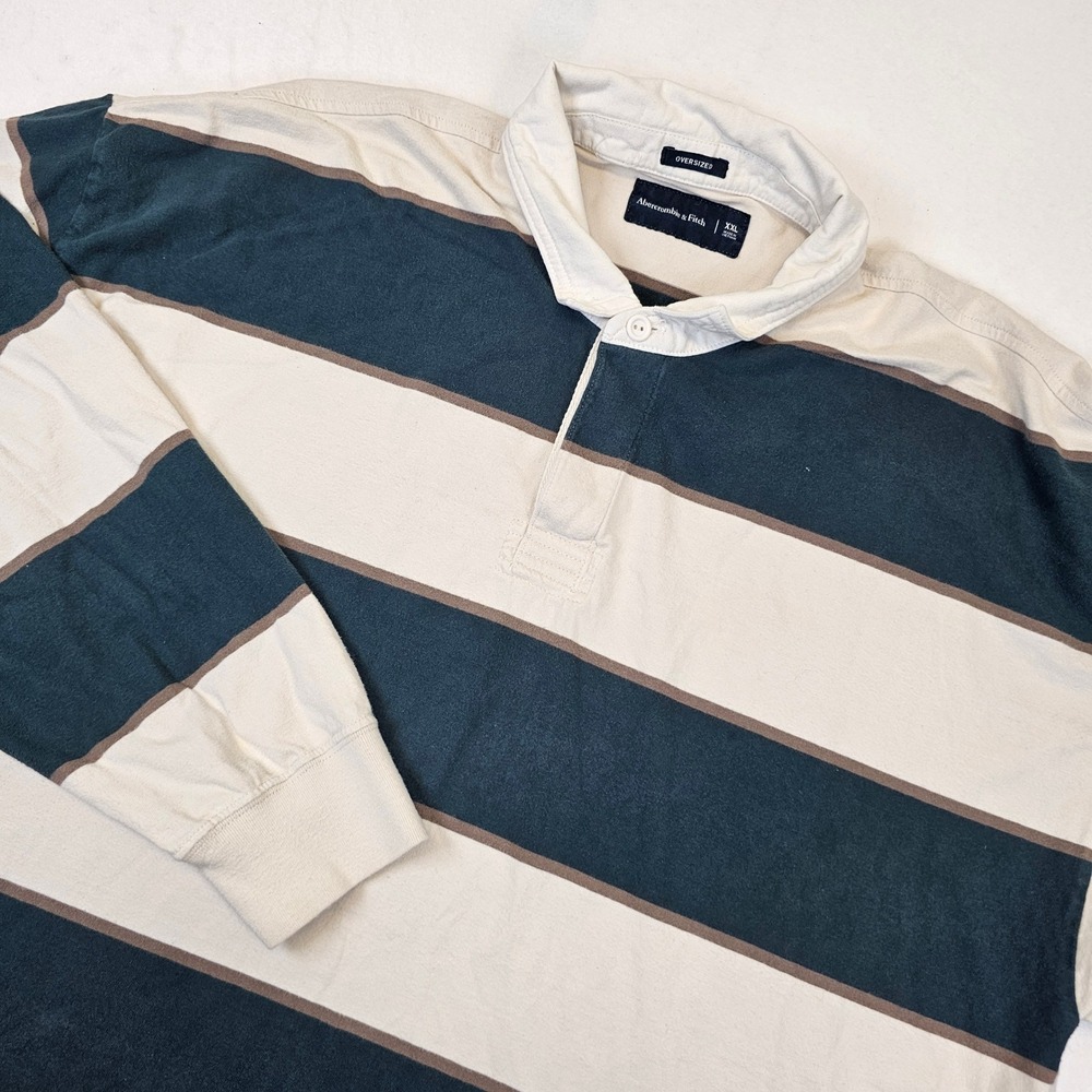 Abercrombie & Fitch Mens XXL Oversized Long Sleeve Rugby Shirt Teal Cream